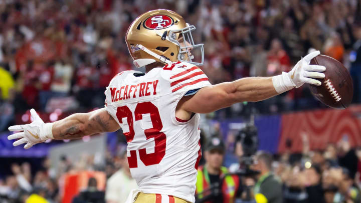 Feb 11, 2024; Paradise, Nevada, USA; San Francisco 49ers running back Christian McCaffrey (23) celebrates after scoring a touchdown in the first half of Super Bowl LVIII at Allegiant Stadium. Mandatory Credit: Mark J. Rebilas-USA TODAY Sports