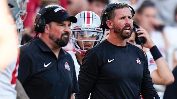 Sep 2, 2023; Bloomington, Indiana, USA; Ohio State Buckeyes head coach Ryan Day and offensive coordinator Brian Hartline yell from the sideline during the NCAA football game at Indiana University Memorial Stadium. Ohio State won 23-3.