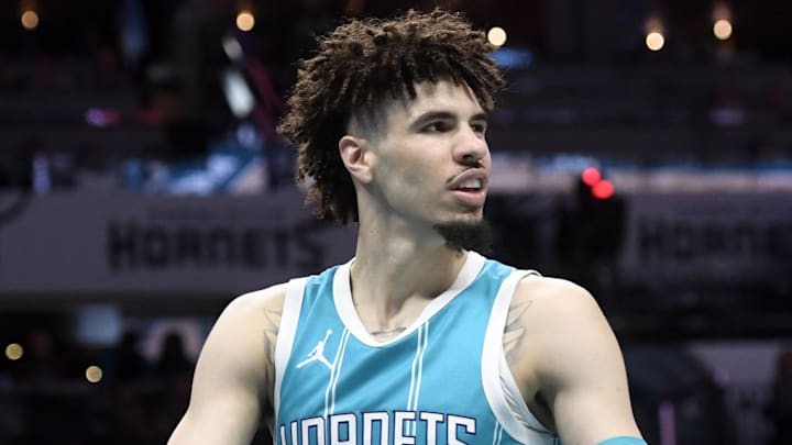 Mar 25, 2025; Charlotte, North Carolina, USA;  Charlotte Hornets guard LaMelo Ball (1) looks around after being called for a foul during the second half against the Orlando Magic at the Spectrum Center. Mandatory Credit: Sam Sharpe-Imagn Images
