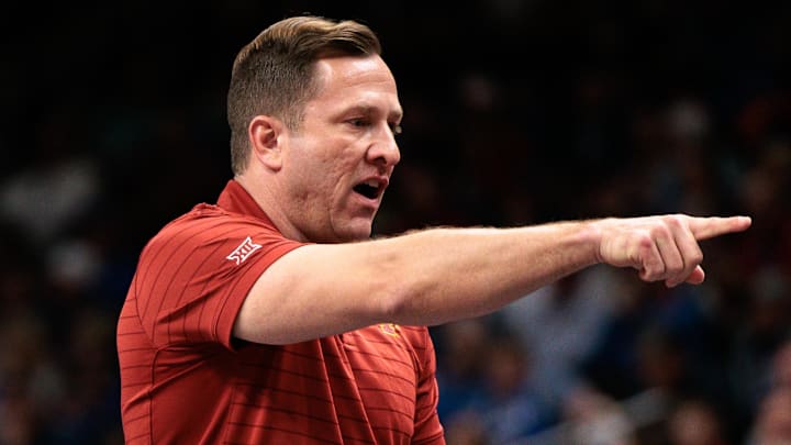 Mar 13, 2026; Kansas City, MO, USA; Iowa State Cyclones head coach T.J. Otzelberger gives direction during the first half against the Arizona Wildcats at T-Mobile Center. Mar 13, 2026; Kansas City, MO, USA; Iowa State Cyclones head coach T.J. Otzelberger gives direction during the first half against the Arizona Wildcats at T-Mobile Center.