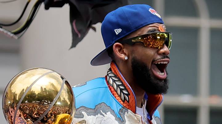 Jun 18, 2026; New York, NY, USA; New York Knicks center Karl-Anthony Towns celebrates with the Larry O'Brien championship trophy and the eastern conference finals trophy during a ceremony at New York City Hall after the championship parade. Mandatory Credit: Brad Penner-Imagn Images Jun 18, 2026; New York, NY, USA; New York Knicks center Karl-Anthony Towns celebrates with the Larry O'Brien championship trophy and the eastern conference finals trophy during a ceremony at New York City Hall after the championship parade. Mandatory Credit: Brad Penner-Imagn Images