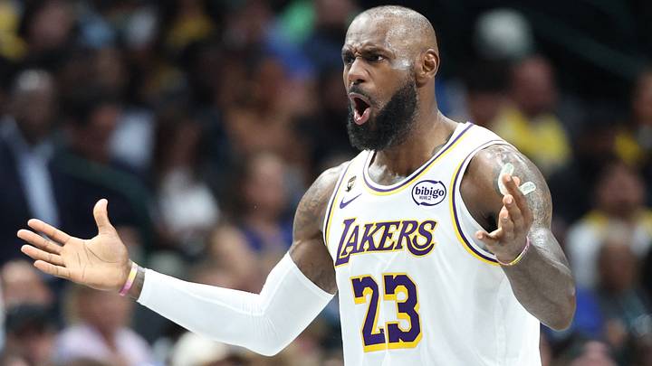 Apr 5, 2026; Dallas, Texas, USA;  Los Angeles Lakers forward LeBron James (23) reacts against the Dallas Mavericks during the second half at American Airlines Center. Mandatory Credit: Kevin Jairaj-Imagn Images