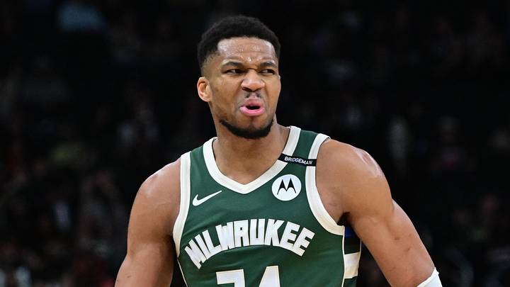 Milwaukee Bucks forward Giannis Antetokounmpo (34) reacts in the fourth quarter against the Phoenix Suns at Fiserv Forum on April 1, 2025. Milwaukee Bucks forward Giannis Antetokounmpo (34) reacts in the fourth quarter against the Phoenix Suns at Fiserv Forum on April 1, 2025.