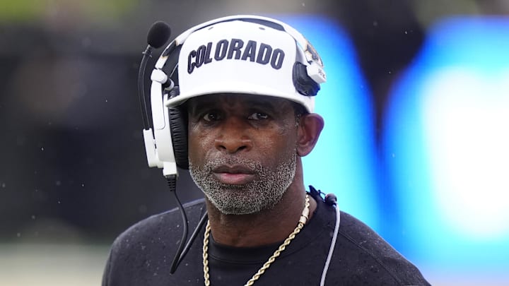 Oct 11, 2025; Boulder, Colorado, USA; Colorado Buffaloes head coach Deion Sanders during the first quarter against the Iowa State Cyclones at Folsom Field. Mandatory Credit: Ron Chenoy-Imagn Images