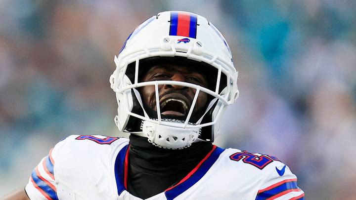 Buffalo Bills cornerback Tre'davious White (27) celebrates the game-deciding interception during the fourth quarter of an NFL football AFC Wild Card playoff matchup, Sunday, Jan. 11, 2026, in Jacksonville, Fla. The Bills defeated the Jaguars 27-24. [Corey Perrine/Florida Times-Union]