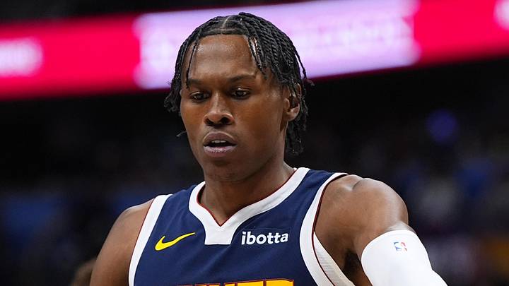 Jan 9, 2026; Denver, Colorado, USA; Denver Nuggets guard Peyton Watson (8) reacts during a timeout in the first quarter against the Atlanta Hawks at Ball Arena. Mandatory Credit: Ron Chenoy-Imagn Images