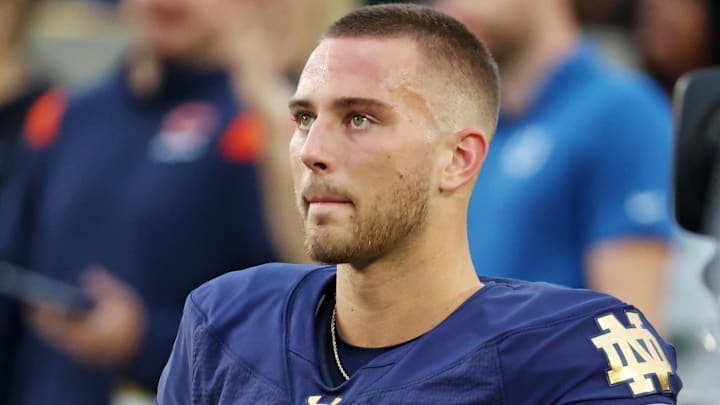 Sep 13, 2025; South Bend, Indiana, USA; Notre Dame Fighting Irish quarterback CJ Carr (13) looks on during the first half against the Texas A&M Aggies at Notre Dame Stadium. Sep 13, 2025; South Bend, Indiana, USA; Notre Dame Fighting Irish quarterback CJ Carr (13) looks on during the first half against the Texas A&M Aggies at Notre Dame Stadium.