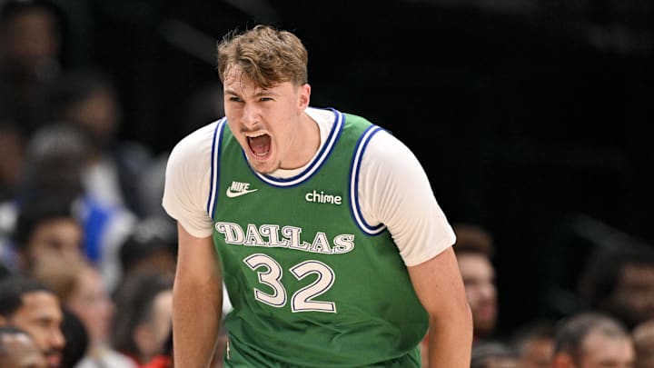 Oct 26, 2025; Dallas, Texas, USA; Dallas Mavericks forward Cooper Flagg (32) celebrates during the first quarter against the Toronto Raptors at the American Airlines Center. Mandatory Credit: Jerome Miron-Imagn Images Oct 26, 2025; Dallas, Texas, USA; Dallas Mavericks forward Cooper Flagg (32) celebrates during the first quarter against the Toronto Raptors at the American Airlines Center. Mandatory Credit: Jerome Miron-Imagn Images