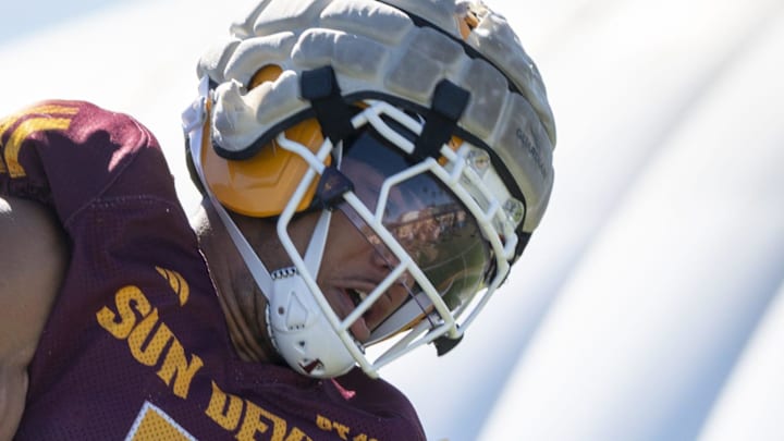 Raiden Vines-Bright (#7 WR) catches a pass during ASU football practice at Kajikawa Practice fields in Tempe, Arizona, on March 19, 2026.