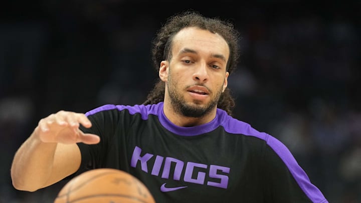 Apr 11, 2025; Sacramento, California, USA; Sacramento Kings guard Devin Carter (22) warms up before the game against the Los Angeles Clippers at Golden 1 Center.