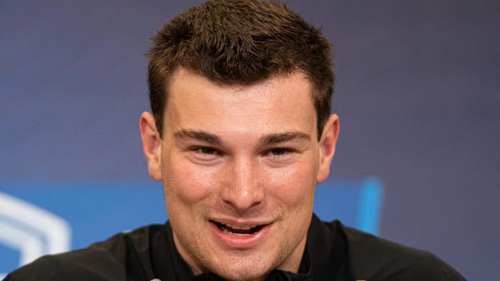 Feb 27, 2026; Indianapolis, IN, USA; Indiana quarterback Fernando Mendoza (QB11) speaks to members of the media during the NFL Combine at the Indiana Convention Center. Mandatory Credit: Jacob Musselman-Imagn Images