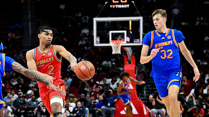 Apr 2, 2024; Houston, TX, USA; McDonald's All American West guard Dylan Harper (2) and Duke basketball signee Cooper Flagg