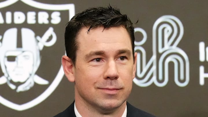Feb 10, 2026; Henderson, NV, USA; Las Vegas Raiders coach Klint Kubiak speaks at introductory press conference at Intermountain Health Performance Center. Mandatory Credit: Kirby Lee-Imagn Images Feb 10, 2026; Henderson, NV, USA; Las Vegas Raiders coach Klint Kubiak speaks at introductory press conference at Intermountain Health Performance Center. Mandatory Credit: Kirby Lee-Imagn Images