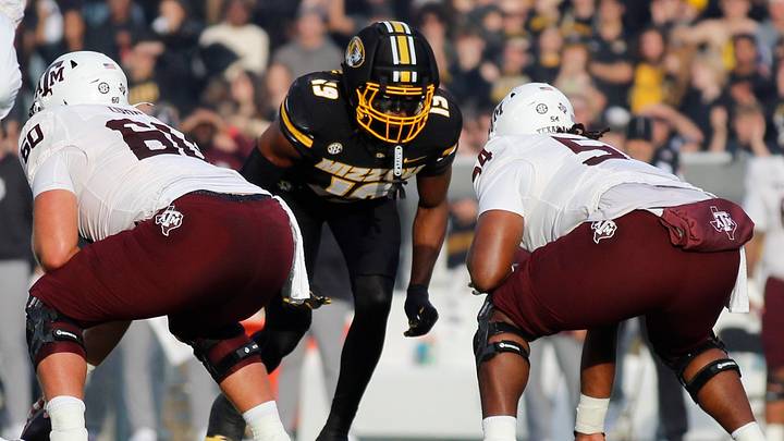 Nov 8, 2025; Columbia, Missouri, USA; Missouri Tigers defensive end Darris Smith lines up for a snap in the Missouri matchup against Texas A&M at Faurot Field.