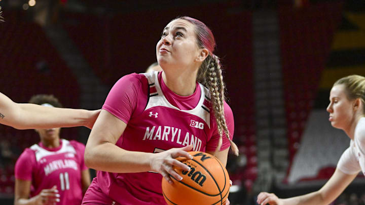 Maryland guard Emily Fisher looks to shoot against Indiana on Jan. 31, 2024.