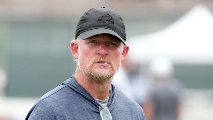 Aug 14, 2025; Carson, CA, USA; Los Angeles Rams general manager Les Snead watches during a joint practice against the New Orleans Saints at the Dignity Health Sports Park. Mandatory Credit: Kirby Lee-Imagn Images