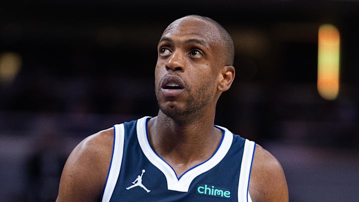 Dallas Mavericks forward Khris Middleton (20) in the second half against the Indiana Pacers at Gainbridge Fieldhouse on February 22, 2026. Dallas Mavericks forward Khris Middleton (20) in the second half against the Indiana Pacers at Gainbridge Fieldhouse on February 22, 2026.