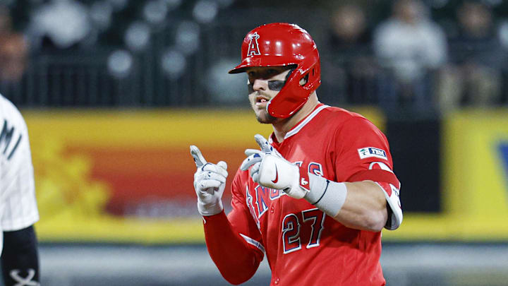 Apr 27, 2026; Chicago, Illinois, USA; Los Angeles Angels center fielder Mike Trout (27) celebrates after hitting a double against the Chicago White Sox during the first inning at Rate Field. Mandatory Credit: Kamil Krzaczynski-Imagn Images