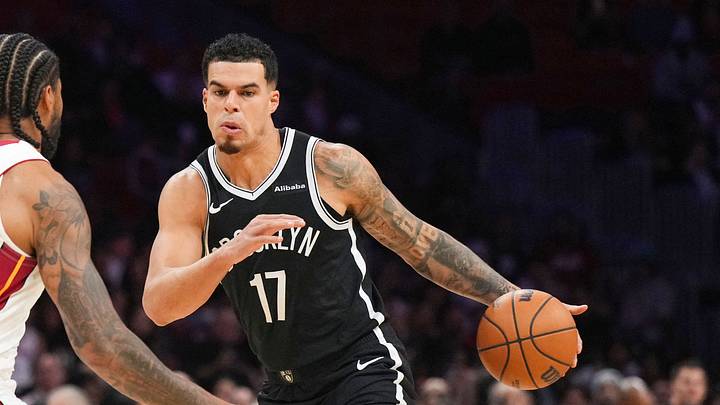 Oct 14, 2026; Miami, Florida, USA; Brooklyn Nets forward Michael Porter Jr. (17) looks for space as Miami Heat center Nick Richards (8) defends during the first half at Kaseya Center. Mandatory Credit: Jim Rassol-Imagn Images Oct 14, 2026; Miami, Florida, USA; Brooklyn Nets forward Michael Porter Jr. (17) looks for space as Miami Heat center Nick Richards (8) defends during the first half at Kaseya Center. Mandatory Credit: Jim Rassol-Imagn Images