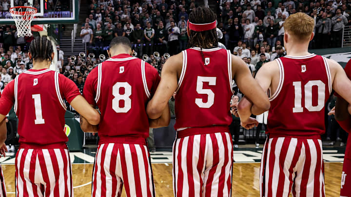 Indiana lines up for the national anthem before playing Michigan State at the Breslin Center. Indiana lines up for the national anthem before playing Michigan State at the Breslin Center.