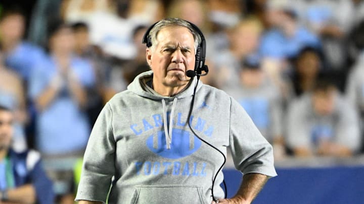 Sep 1, 2025; Chapel Hill, North Carolina, USA; North Carolina Tar Heels head coach Bill Belichick on the sidelines in the first quarter at Kenan Stadium. Mandatory Credit: Bob Donnan-Imagn Images