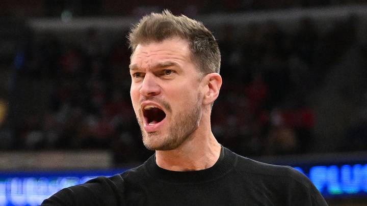 Oct 24, 2026; Chicago, Illinois, USA;  Chicago Bulls head coach Tiago Splitter reacts against the Washington Wizards during the second half at United Center.  Mandatory Credit: Patrick Gorski-Imagn Images