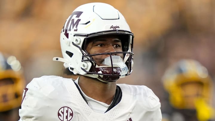 Nov 8, 2025; Columbia, Missouri, USA; Texas A&M Aggies wide receiver KC Concepcion (7) runs for a touchdown during the second half against the Missouri Tigers at Faurot Field at Memorial Stadium. Mandatory Credit: Jay Biggerstaff-Imagn Images]
