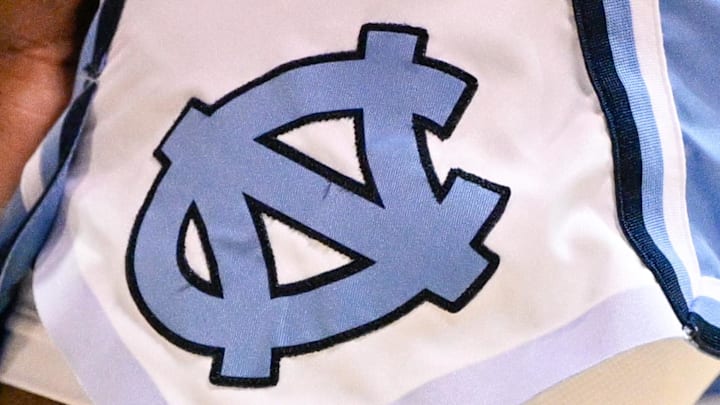 Jan 3, 2026; Dallas, Texas, USA; A view of the North Carolina Tar Heels logo on the shorts of forward Caleb Wilson (8) during the second half against the SMU Mustangs at Moody Coliseum. Mandatory Credit: Jerome Miron-Imagn Images