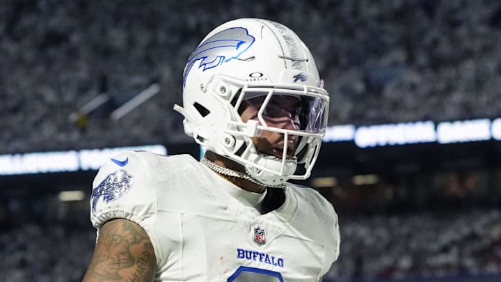 Oct 5, 2025; Orchard Park, New York, USA; Buffalo Bills wide receiver Keon Coleman (0) makes a touchdown catch against the New England Patriots during the second half at Highmark Stadium. Mandatory Credit: Gregory Fisher-Imagn Images