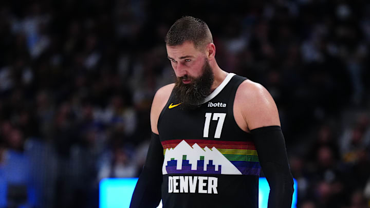 Apr 10, 2026; Denver, Colorado, USA; Denver Nuggets center Jonas Valanciunas (17) reacts after his turnover in the second half against the Oklahoma City Thunder at Ball Arena.