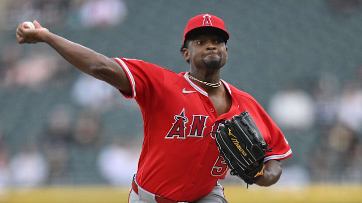 Los Angeles Angels pitcher Jose Soriano (59) throws