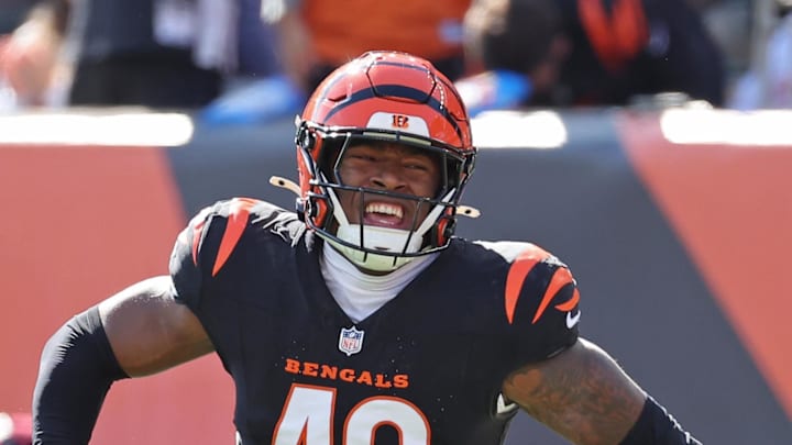 Oct 26, 2025; Cincinnati, Ohio, USA; Cincinnati Bengals linebacker Barrett Carter (49) celebrates during the second quarter against the New York Jets at Paycor Stadium. Mandatory Credit: Joseph Maiorana-Imagn Images