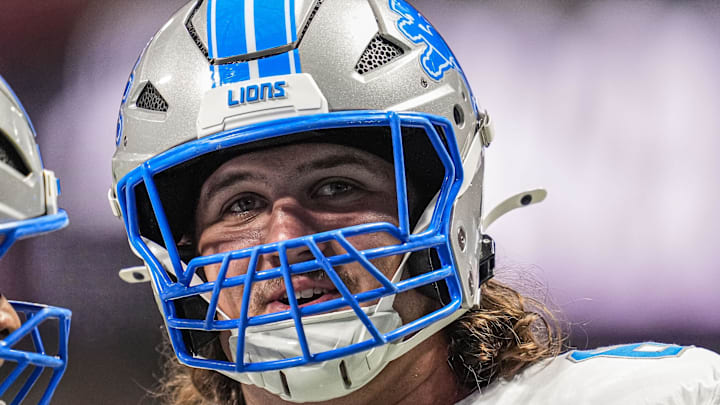 Detroit Lions offensive tackle Tate Ratledge (69) shown on the field prior to the game against the Atlanta Falcons Detroit Lions offensive tackle Tate Ratledge (69) shown on the field prior to the game against the Atlanta Falcons