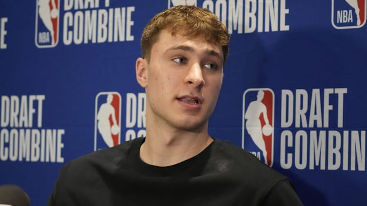 May 14, 2025; Chicago, Il, USA; Cooper Flagg talks to the media during the 2025 NBA Draft Combine at Marriott Marquis Chicago. Mandatory Credit: David Banks-Imagn Images May 14, 2025; Chicago, Il, USA; Cooper Flagg talks to the media during the 2025 NBA Draft Combine at Marriott Marquis Chicago. Mandatory Credit: David Banks-Imagn Images