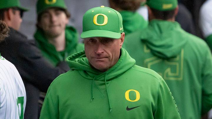 Oregon head coach Mark Wasikowski walks the dugout as the Oregon Ducks host the Minnesota Golden Gophers Saturday, March 15, 2025, at PK Park in Eugene, Ore. Oregon head coach Mark Wasikowski walks the dugout as the Oregon Ducks host the Minnesota Golden Gophers Saturday, March 15, 2025, at PK Park in Eugene, Ore.