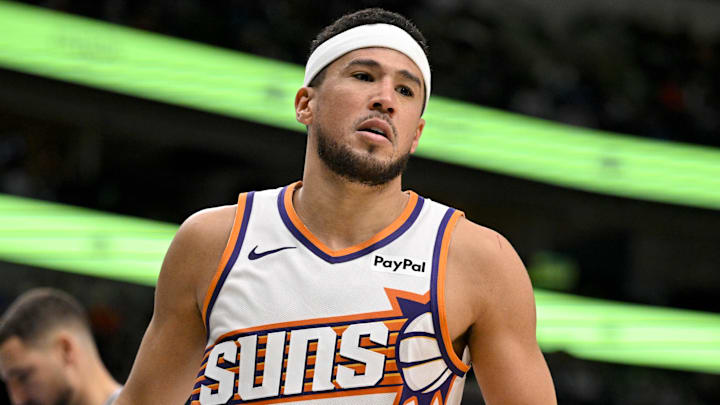 Nov 12, 2025; Dallas, Texas, USA; Phoenix Suns guard Devin Booker (1) reacts to making a basket against the Dallas Mavericks during the second half at the American Airlines Center. Mandatory Credit: Jerome Miron-Imagn Images Nov 12, 2025; Dallas, Texas, USA; Phoenix Suns guard Devin Booker (1) reacts to making a basket against the Dallas Mavericks during the second half at the American Airlines Center. Mandatory Credit: Jerome Miron-Imagn Images