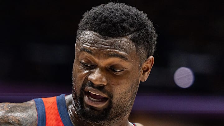 Jan 2, 2026; New Orleans, Louisiana, USA;  New Orleans Pelicans forward Zion Williamson (1) looks on against the Portland Trail Blazers during the first half at Smoothie King Center. Mandatory Credit: Stephen Lew-Imagn Images