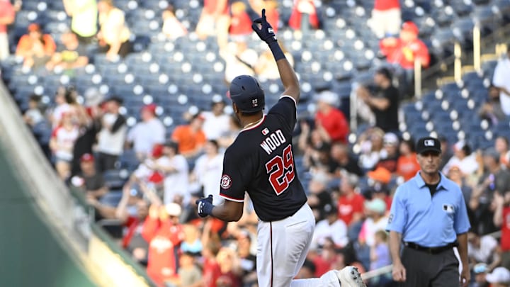 Apr 23, 2025; Washington, District of Columbia, USA; Washington Nationals outfielder James Wood (29) reacts after hitting a solo home run against the Baltimore Orioles during the first inning at Nationals Park.