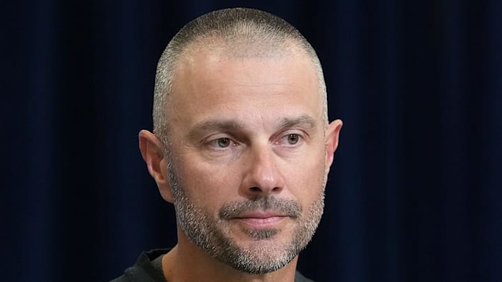 Feb 24, 2026; Indianapolis, IN, USA; Las Vegas Raiders general manager John Spytek speaks at the NFL Scouting Combine at the Indiana Convention Center. Mandatory Credit: Kirby Lee-Imagn Images