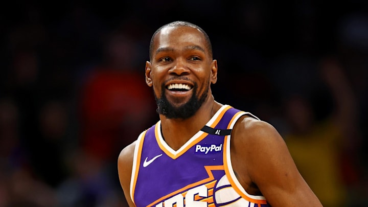 Mar 24, 2025; Phoenix, Arizona, USA; Phoenix Suns forward Kevin Durant (35) celebrates after a play during the fourth quarter against the Milwaukee Bucks at Footprint Center. Mandatory Credit: Mark J. Rebilas-Imagn Images