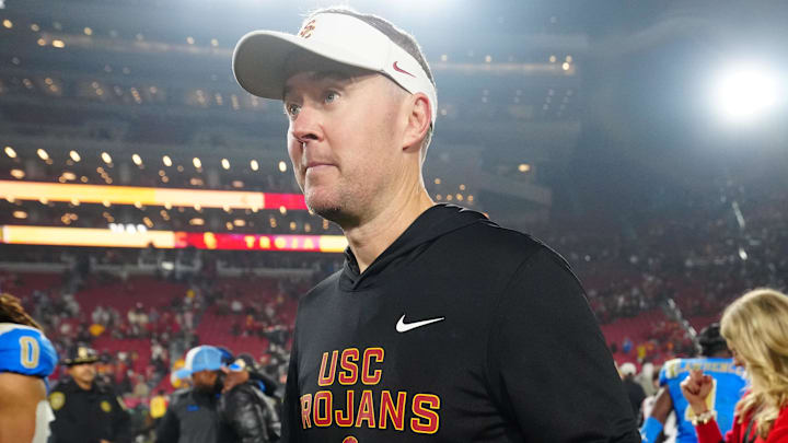 Nov 29, 2025; Los Angeles, California, USA; Southern California Trojans head coach Lincoln Riley reacts after the game against the UCLA Bruins at United Airlines Field at Los Angeles Memorial Coliseum. Mandatory Credit: Kirby Lee-Imagn Images