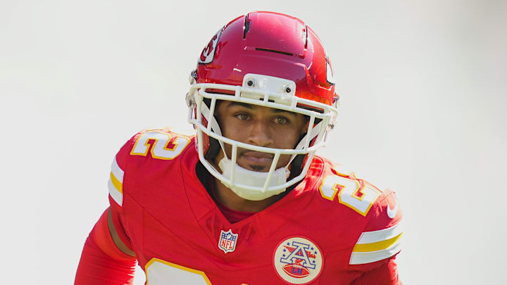 Sep 28, 2025; Kansas City, Missouri, USA; Kansas City Chiefs cornerback Trent McDuffie (22) takes the field prior to a game against the Baltimore Ravens at GEHA Field at Arrowhead Stadium. Mandatory Credit: Jay Biggerstaff-Imagn Images