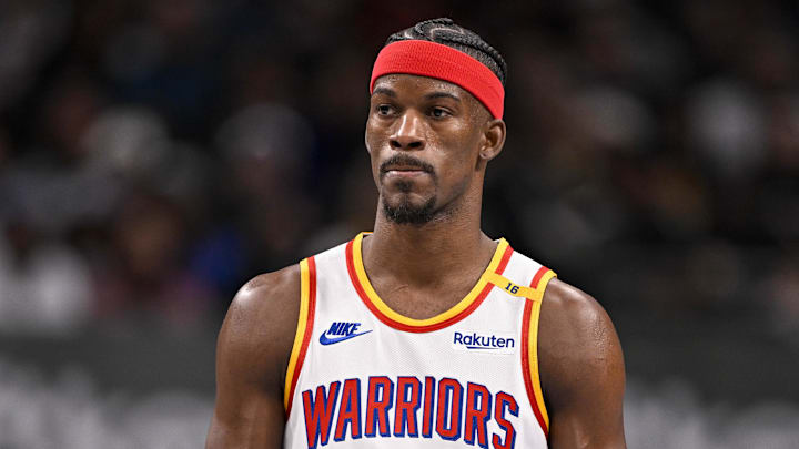Golden State Warriors forward Jimmy Butler looks on during a game.