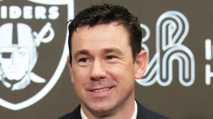Feb 10, 2026; Henderson, NV, USA; Las Vegas Raiders coach Klint Kubiak speaks at introductory press conference at Intermountain Health Performance Center. Mandatory Credit: Kirby Lee-Imagn Images