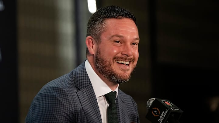 Oregon Ducks head coach Dan Lanning answers questions during a Rose Bowl press conference in Los Angeles on Dec. 31, 2024.