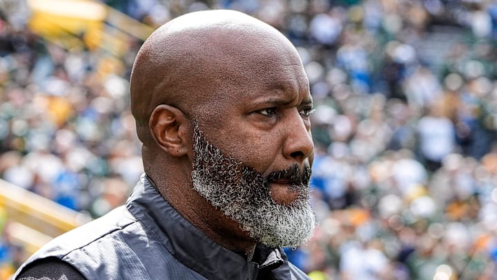 Detroit Lions general manager Brad Holmes watches warmups in the season opener in Week 1 at Lambeau Field 