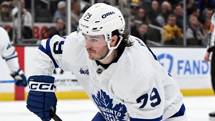 Nov 11, 2025; Boston, Massachusetts, USA; Toronto Maple Leafs left wing Sammy Blais (79) takes a shot against the Boston Bruins during the second period at the TD Garden. Mandatory Credit: Brian Fluharty-Imagn Images