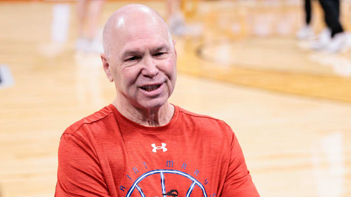 Mar 18, 2026; Oklahoma City, OK, USA; Saint Mary's Gaels head coach Randy Bennett speaks to reporters during a practice session ahead of the first round of the men's 2026 NCAA Tournament at Paycom Center. Mandatory Credit: William Purnell-Imagn Images