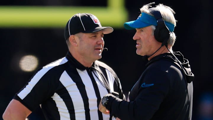 Jacksonville Jaguars head coach Doug Pederson talks to a referee during the second quarter of an NFL football matchup Sunday, Dec. 1, 2024 at EverBank Stadium in Jacksonville, Fla. [Corey Perrine/Florida Times-Union]