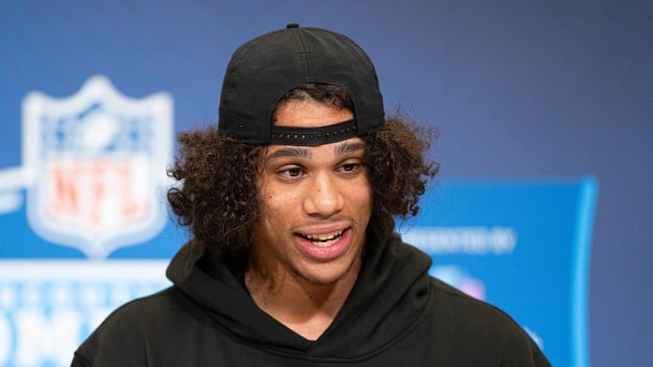 Arizona State wideout Jordyn Tyson speaks to members of the media during the 2026 NFL Combine